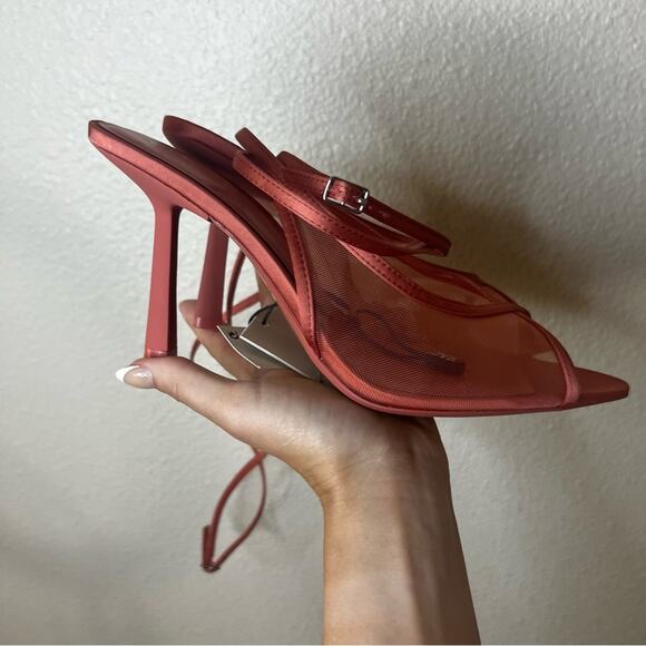 Zara coral red mesh strappy pointed heels NEW 41/10 - Picture 4 of 12